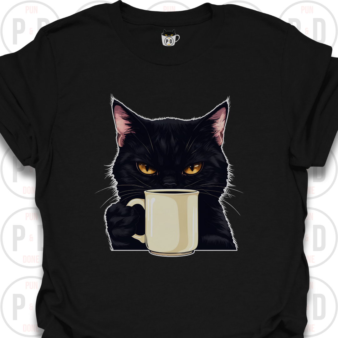 Black Cat Coffee in Hand, T-Shirt