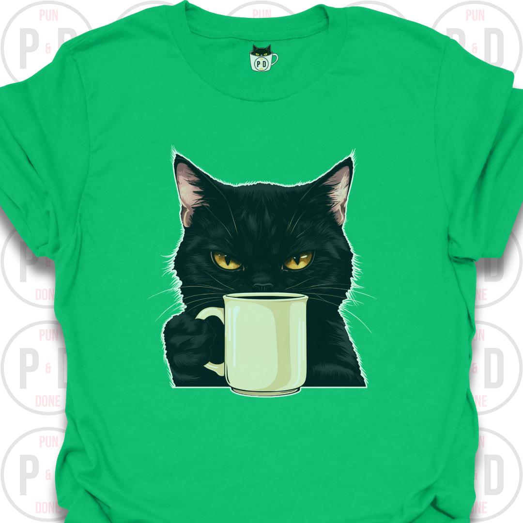 Black Cat Coffee in Hand, T-Shirt