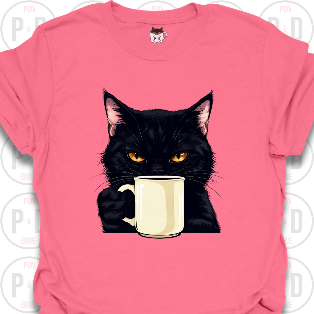 Black Cat Coffee in Hand, T-Shirt
