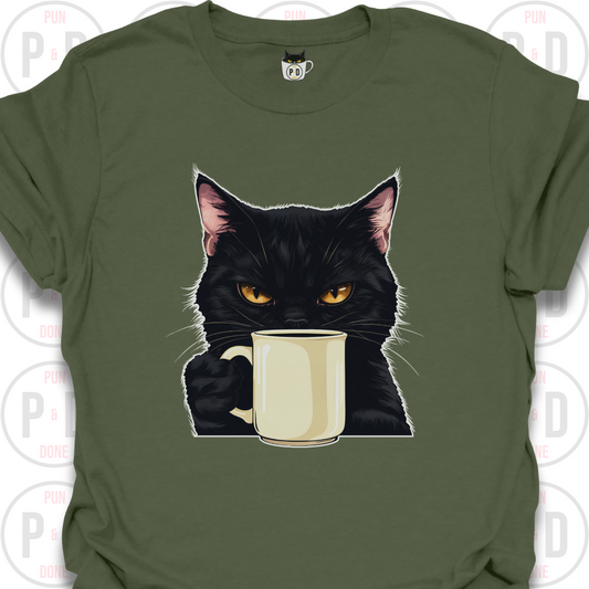 Black Cat Coffee in Hand, T-Shirt